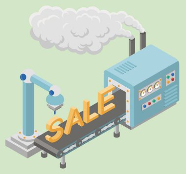 Otomatik üretim montaj ve ambalaj süreci vektör illüstrasyonuna sahip Isometric sanayi fabrikası yatay afişleri