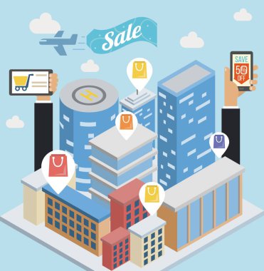 Şehir reklam illüstrasyonu. Vektör arkaplanı. Beyaz boş reklam panoları ve afişleri olan şehir manzarası. İş tanıtımı ve reklam konsepti.