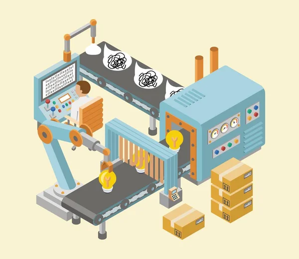 Izometrikus ipari üzem vízszintes transzparensei automatizált gyártósorokkal és csomagolási folyamatok vektorillusztrációjával — Stock Vector