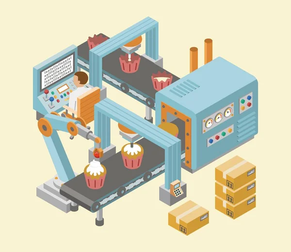 Estandartes horizontais de fábrica industrial isométrica com linhas automatizadas de montagem de produção e processos de embalagem ilustração vetorial — Vetor de Stock