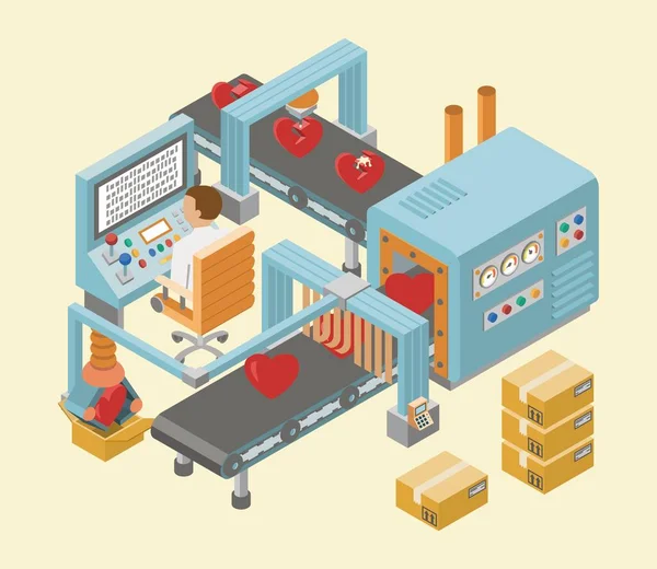 Banderas horizontales de fábrica industrial isométrica con líneas automatizadas de montaje de producción y procesos de envasado ilustración vectorial — Vector de stock