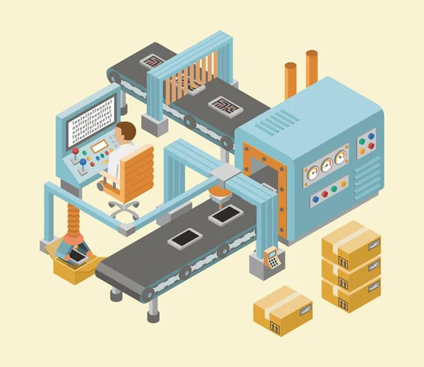 Izometrikus ipari üzem vízszintes transzparensei automatizált gyártósorokkal és csomagolási folyamatok vektorillusztrációjával — Stock Vector