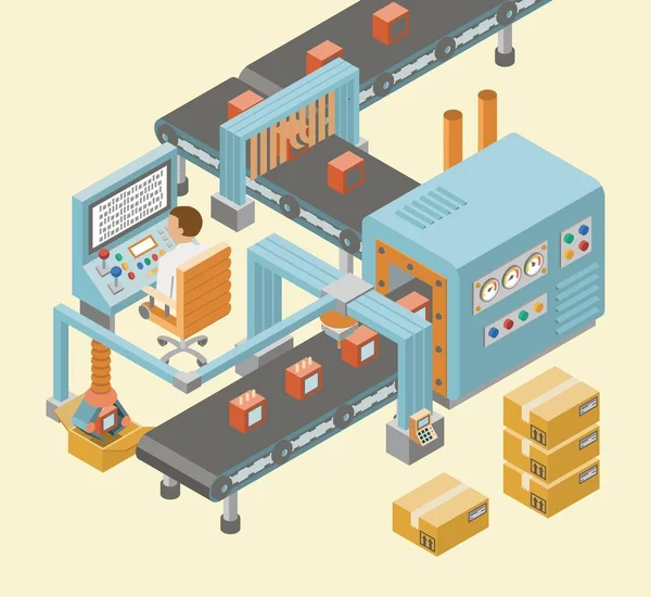 Estandartes horizontais de fábrica industrial isométrica com linhas automatizadas de montagem de produção e processos de embalagem ilustração vetorial — Vetor de Stock
