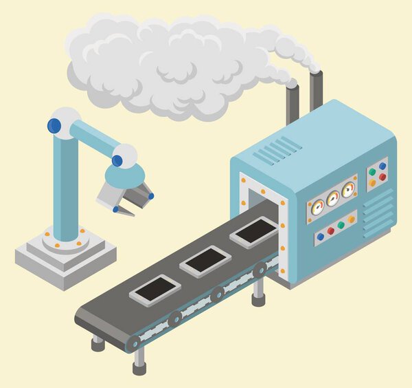 Isometric industrial factory horizontal banners with automated lines of production assembly and packaging processes vector illustration
