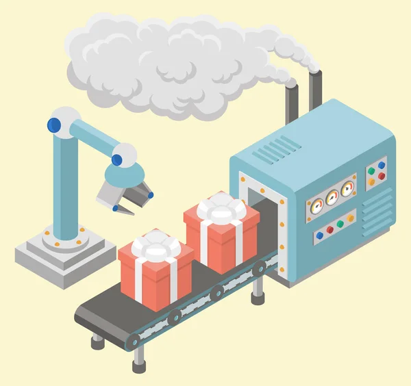 Estandartes horizontais de fábrica industrial isométrica com linhas automatizadas de montagem de produção e processos de embalagem ilustração vetorial — Vetor de Stock