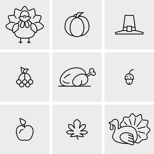Thanksgiving day black silhouette icon set. Monochrome flat design symbol collection. Pumpkin, cornucopia, turkey, vegetables, holiday symbol. Harvest season sign. Vector illustration — Stock Vector