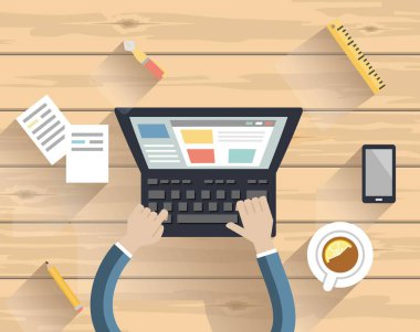 İş için cihazları olan tasarımcı işyeri. Düz biçim - vektör illüstrasyonu