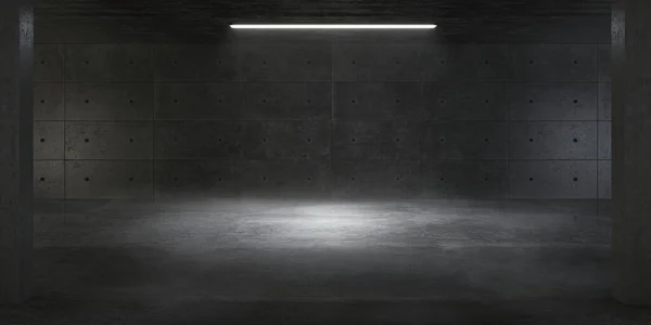 Modern gelecekçi yeraltı galerisindeki atmosferik ışık. Boş alanı olan beton bir duvarı var..