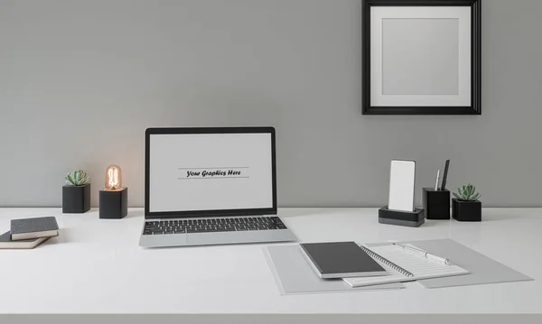 Çağdaş beyaz masa ve grafikler için beyaz bir beyaz ekran ile bilgisayar modelleme ekranı ile modern işyeri.