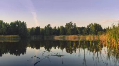 Sakin gölet suyu. Sakin göl yüzeyinde akşam güneşiyle küçük dalgalar. Akşam gölü sahnesi.