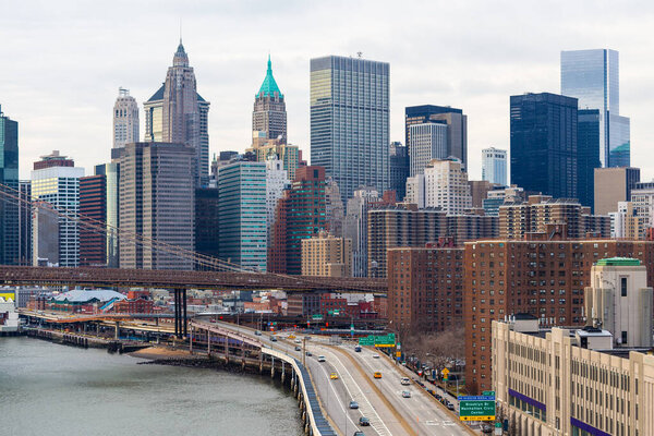 Lower Manhattan and freeway along East River, New York City