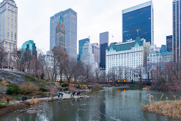 Manhattan, NY, USA - January 1, 2014 : The Pond at Central Park on a cold New Years Day