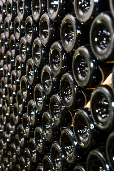 Bodega oscura con botellas viejas de vino — Foto de Stock