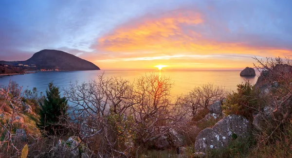 Zeegezicht met zonsopgang in Artek. Crimea Rechtenvrije Stockfoto's