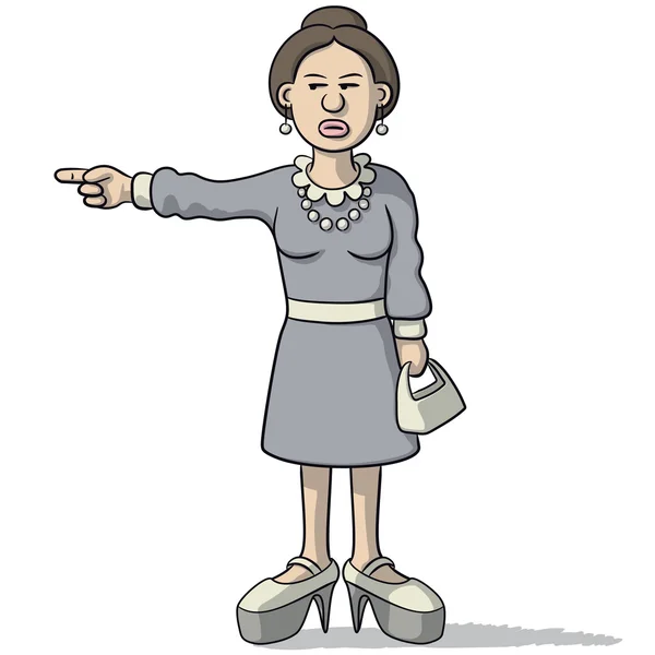 Γελοιογραφία γυναίκα με μια ύποπτη ματιά δείχνει — Διανυσματικό Αρχείο