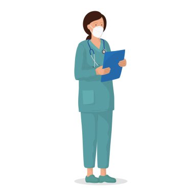 Vector illustration of a female doctor with protective mask. Professional doctor. Hospital worker.