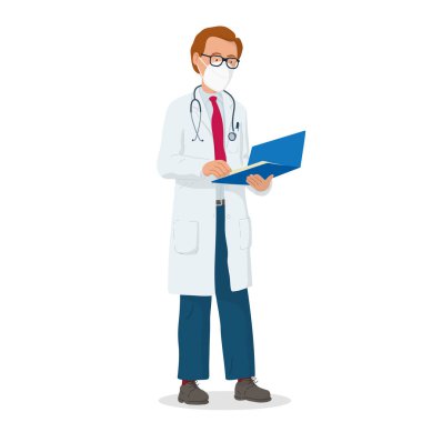 Koruyucu maskeli bir doktorun vektör çizimi. Profesyonel doktor. Hastane çalışanı.