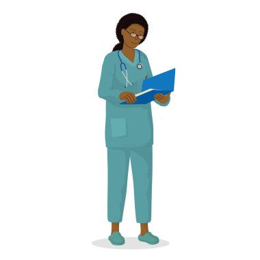 Karakterin vektör çizimi, tıbbi personel. Profesyonel kadın doktor. Hastane çalışanı.
