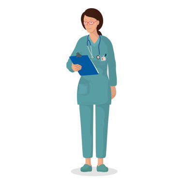 Karakterin vektör çizimi, tıbbi personel. Profesyonel kadın doktor. Hastane çalışanı.