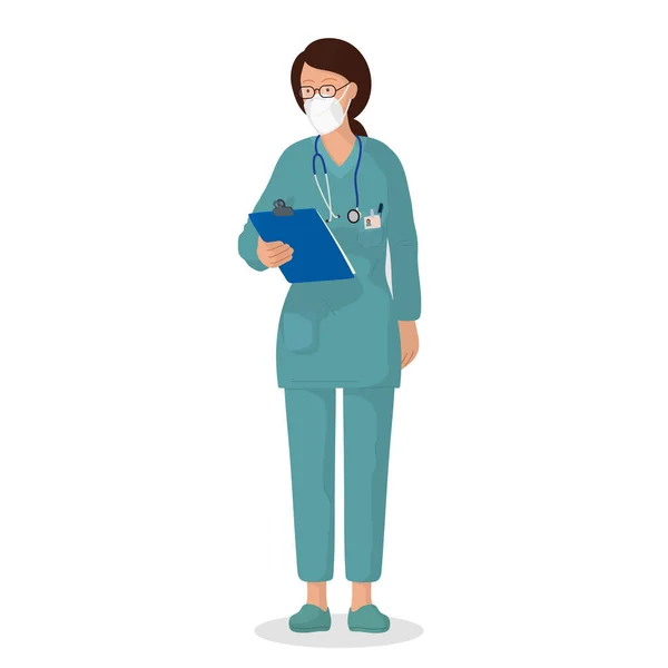 Векторная Иллюстрация Женщины Врача Защитной Маске Профессиональный Сотрудник Больницы — стоковый вектор