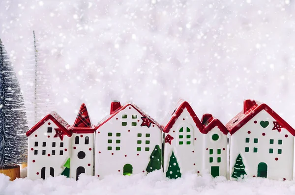 Рождественская Композиция Рождественские Елки Рождественские Домики Снежном Лесу Рождество Зима — стоковое фото