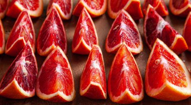 Bej bir arka planda kan portakalı dilimleri. Yemek arkaplanı. Üst Manzara. Düz yatıyordu.