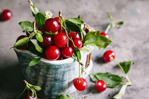 Frische Kirschen Mit Blättern Und Wassertropfen Einer Keramiktasse Auf Grauem — Stockfoto