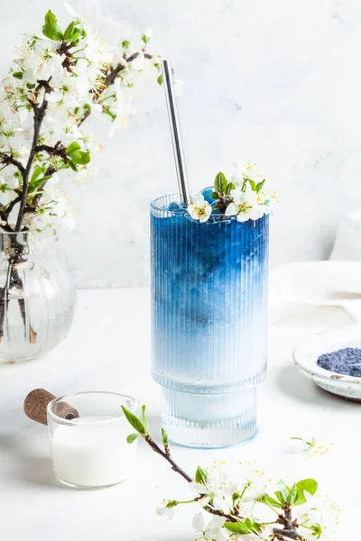 Latte Matcha Bleu Dans Verre Sur Fond Blanc Poudre Fleurs — Photo