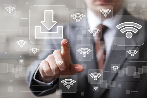 Social network Wifi businessman presses button download icon Εικόνα Αρχείου