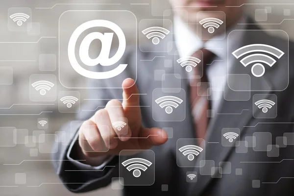 Social network Wifi businessman presses button web mail icon — Stock Photo, Image