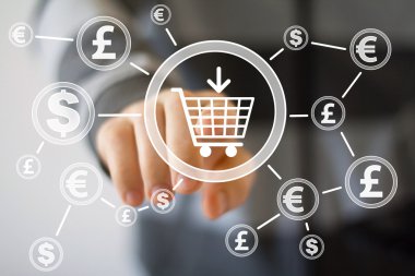 İşadamı düğme Doları web para ile alışveriş sepeti