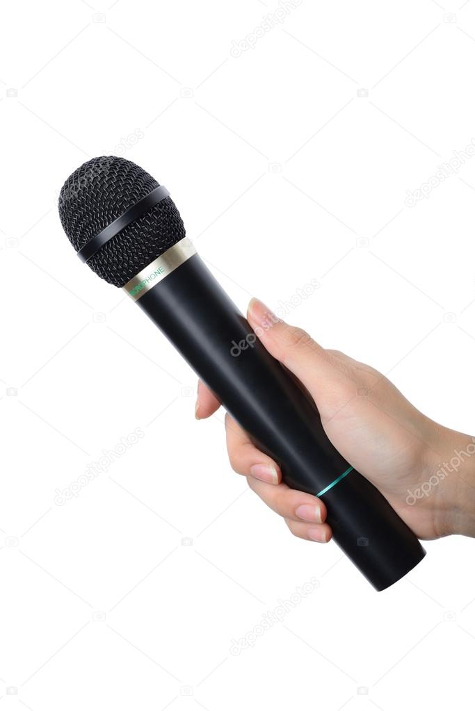 hand with black microphone isolated on white background