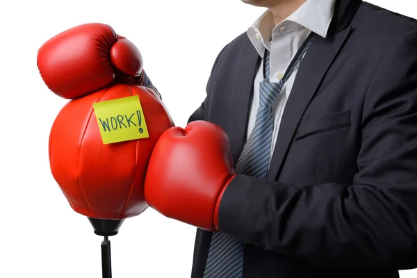 Homem de negócios com luva de boxe pronto para lutar com trabalho, negócios — Fotografia de Stock