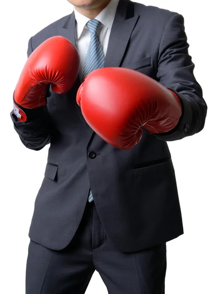 Uomo d'affari con guanto da boxe pronto a combattere con il lavoro, gli affari — Foto Stock