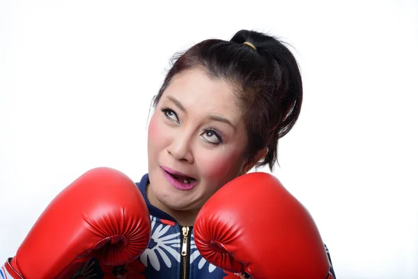 Squint eyed crazy woman in boxing gloves — Stock Photo, Image