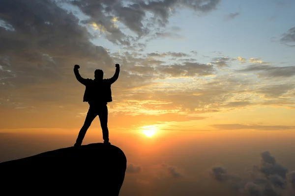 silhouette achievements successful man is on top of hill celebra