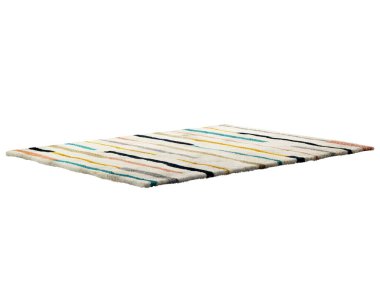 Renkli geometrik desenli modern açık bej halı. Pamuk kumaş tabanlı çağdaş halı ve beyaz arka planda yüksek yığın. Yüzyılın ortalarında, Çiftlik Evi, Chalet, İskandinav iç mimarisi. 3d hazırlayıcı