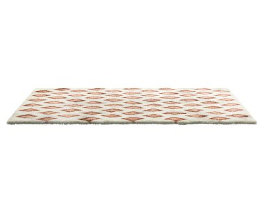Renkli geometrik desenli modern açık bej halı. Pamuk kumaş tabanlı çağdaş halı ve beyaz arka planda yüksek yığın. Yüzyılın ortalarında, Çiftlik Evi, Chalet, İskandinav iç mimarisi. 3d hazırlayıcı