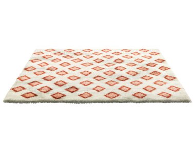 Renkli geometrik desenli modern açık bej halı. Pamuk kumaş tabanlı çağdaş halı ve beyaz arka planda yüksek yığın. Yüzyılın ortalarında, Çiftlik Evi, Chalet, İskandinav iç mimarisi. 3d hazırlayıcı