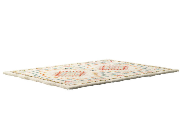 Scandinavian light beige carpet with a colorful ethnic pattern. Contemporary rug with cotton fabric base and high pile on white background. Mid-century, Farmhouse, Chalet, Scandinavian interior. 3d render