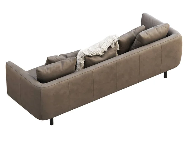 现代棕色皮沙发与毛皮枕头 白色背景上有枕头的皮革软垫沙发 斯堪的纳维亚内部 3D渲染 — 图库照片