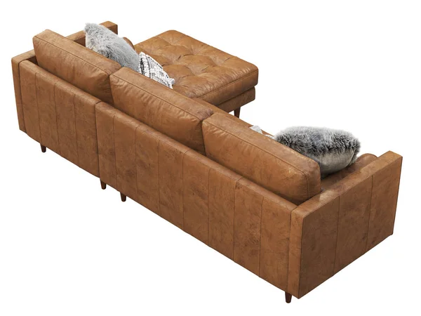 Scandinavian corner leather sofa. Brown leather upholstery chaise lounge sofa with fur pillows and throw plaid on white background. Mid-century, Loft, Chalet, Scandinavian interior. 3d render