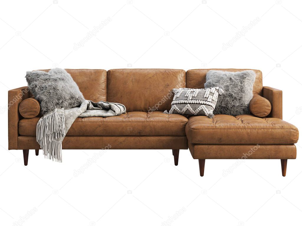 Scandinavian corner leather sofa. Brown leather upholstery chaise lounge sofa with fur pillows and throw plaid on white background. Mid-century, Loft, Chalet, Scandinavian interior. 3d render