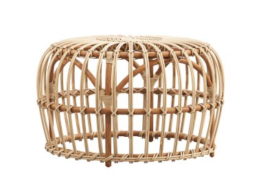 Beyaz arka planda modern kapalı hasır ahşap sehpa. Modern tahta bacaklar masası. 3d hazırlayıcı