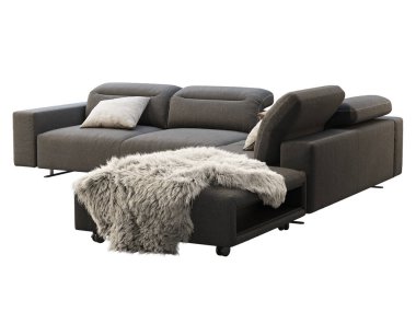 Ayarlanabilir sırtı olan modern koyu gri kumaş kanepe. Tekstil döşeme modüler kanepe beyaz arka planda yastıklar ve kürkler. Modern, Loft, İskandinav iç mimarisi. 3d hazırlayıcı