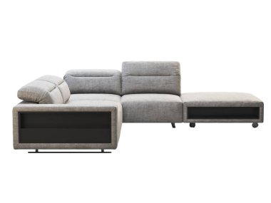 Ayarlanabilir sırt dinlendirici modern açık gri kumaş kanepe. Beyaz arka planı olan tekstil döşeme modüler kanepesi. Modern, Loft, İskandinav iç mimarisi. 3d hazırlayıcı