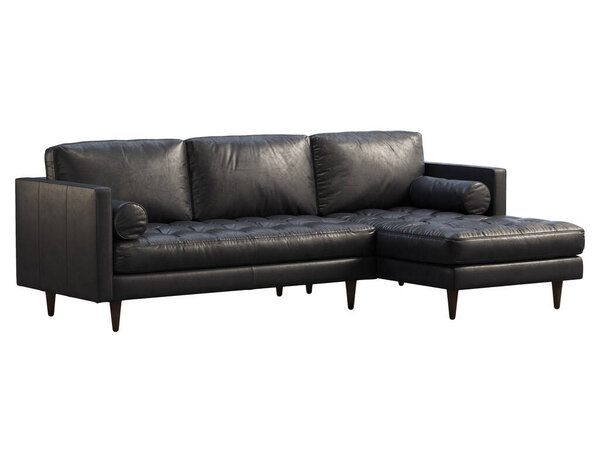 Scandinavian corner leather sofa. Black leather upholstery chaise lounge sofa with pillows on white background. Mid-century, Loft, Chalet, Scandinavian interior. 3d render