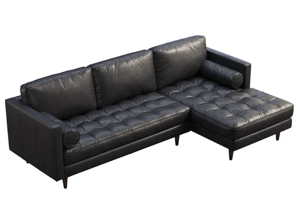 Skandinavisches Eckledersofa Schwarzes Lederpolster Chaiselongue Sofa Mit Kissen Auf Weißem — Stockfoto