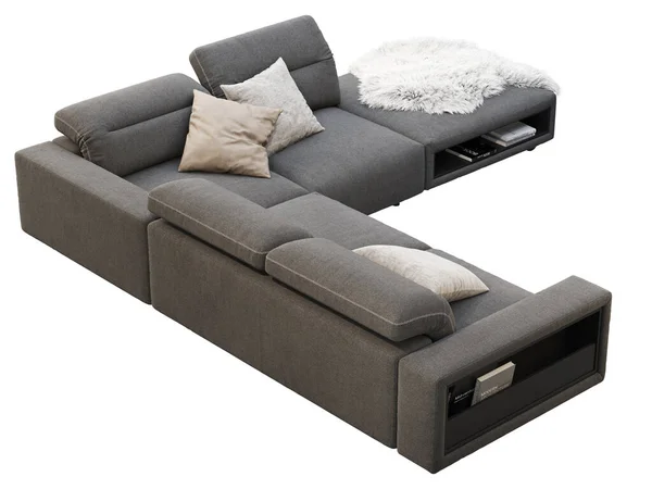 现代深灰色面料沙发 靠背可调 纺织品室内装饰角落模块化沙发与枕头和皮球的白色背景 斯堪的纳维亚内部 3D渲染 — 图库照片