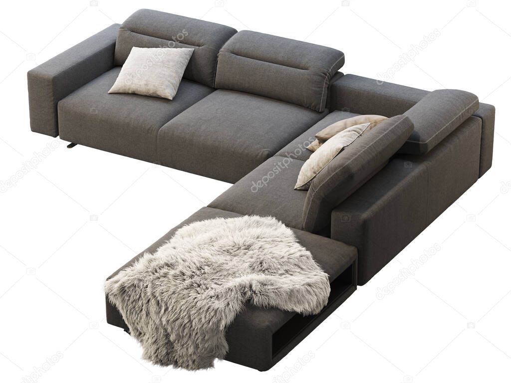 Modern dark gray fabric sofa with adjustable backrest. Textile upholstery corner modular sofa with pillows and pelt on white background. Modern, Loft, Scandinavian interior. 3d render